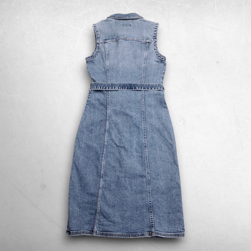 Draper James RSVP Sleeveless Denim Shirt Dress XS Blue Stretch Tie Belt Preppy - Picture 2 of 10